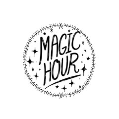 Mystical 'Magic Hour' Text Design Surrounded by Stars and Twigs in a Circular Frame