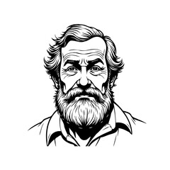 Detailed Black and White Portrait of a Mature Man with Beard and Mustache
