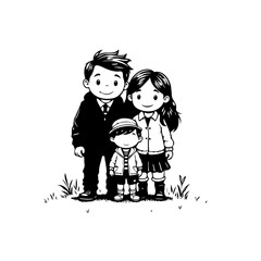 Charming cartoon family portrait showcasing unity, love, and togetherness in black and white