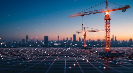 Construction cranes illuminated against city skyline at dusk showcasing modern architecture