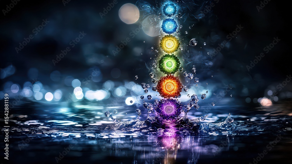Poster vibrant chakra representation in water splash underwater digital art tranquil atmosphere close-up he