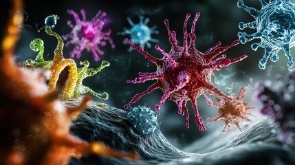 Microscopic view of colorful viruses in action laboratory setting scientific illustration dark environment close-up health awareness