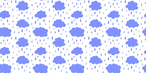 Funny blue seamless pattern with doodle rainy clouds and drops