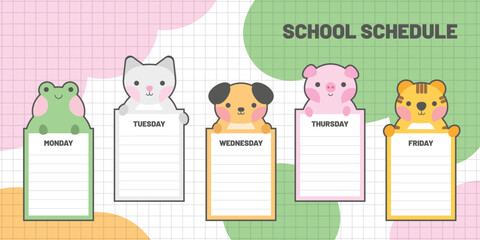 Cute school timetable for kids, kindergartens and elementary grades. Funny animals on weekly planner Monday to Friday