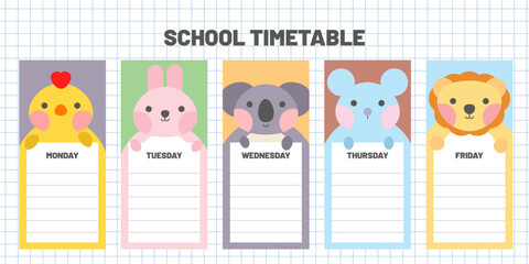 Cute school timetable for kids, kindergartens and elementary grades. Funny animals on weekly planner Monday to Friday