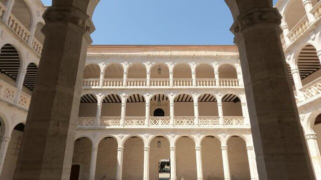 Hermoso patio con arcos estilo renacentista siglo XV del palacio de Santa Cruz en la ciudad de Valladolid, Espa&ntilde;a. Sin audio