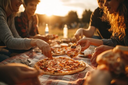 A group of friends enjoying pizza outdoors at sunset with a checkered blanket and drinks visible too