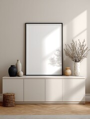 Frame Mockup. Living Room Poster on Wall. Interior Wall Art Mockup with Cozy Home Background