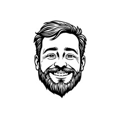 Detailed black and white illustration of a happy bearded man with modern hairstyle