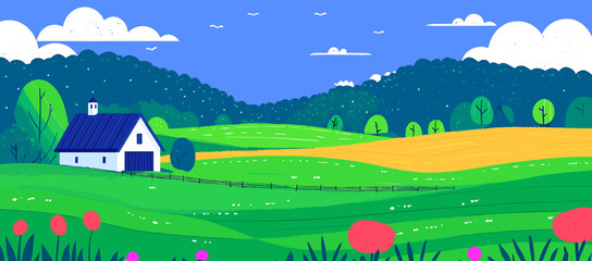 Fototapeta premium Whimsical Barn and Rolling Hills Under a Bright Blue Sky with Clouds