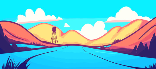 Vibrant Sunset Landscape with Water Tower Silhouette