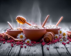 Oatmeal bowls with honey and steam