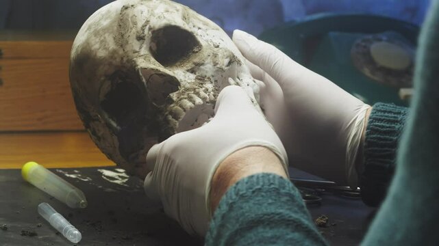 Anatomy forensic analyst wears gloves to examine dirty human skull