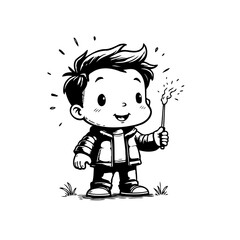 Cheerful cartoon boy joyfully holding a sparkler during festive celebrations, drawing