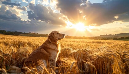 Golden retriever sits peacefully in a wheat field bathed in the warm glow of a dramatic sunset.