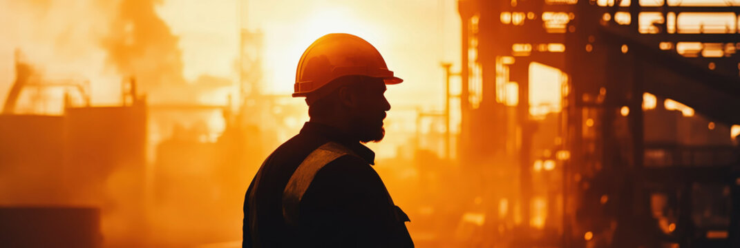 A silhouette of an industrial worker in a hard hat stands in a vast factory, backlit by a bright, warm sun or furnace glow that creates a beautiful lens flare, evoking a sense of hope