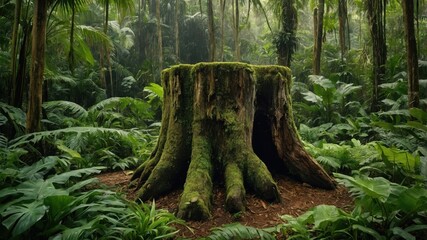 Lush forest scene with a mossy tree stump.