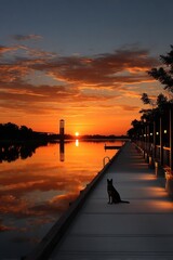 Dog sits on a pier at sunrise over a calm lake