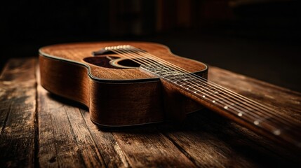 Fototapeta premium Acoustic guitar on wooden bench, detailed texture in warm light – timeless musical elegance 
