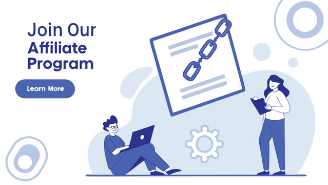 Illustration of people with laptop and book next to a document with a chain, promoting affiliate program