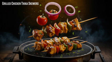 A dramatic food photography shot of grilled chicken tikka skewers with flying fresh vegetables against a dark background.