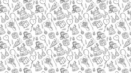 A seamless pattern of birthday elements including cakes gifts balloons and party hats in black and white