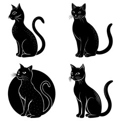 Four black cat illustrations in various poses on a white background in a vector style drawing art