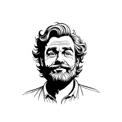 Detailed line art portrait of a mature man with beard and wavy hair illustration