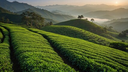 Fototapeta premium Lush tea plantations on rolling hills at sunrise.