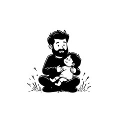 A heartwarming black and white illustration of a father embracing his child with love