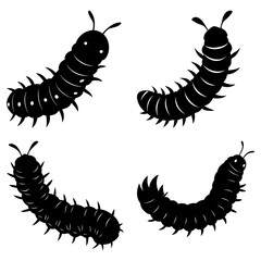Four black caterpillar silhouettes with segmented bodies and small antennae on a white background design