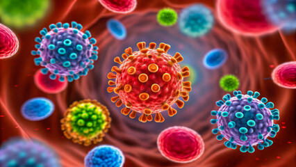 Colorful 3D illustration of various virus particles and blood cells inside a blood vessel.