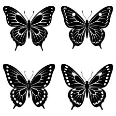 Obraz premium Four black and white butterfly illustrations with varied wing patterns and symmetrical designs displayed together