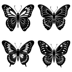 Four black and white butterfly illustrations with different wing patterns and designs displayed together