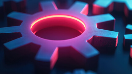 Close-up of a metallic gear with glowing red inner ring, highlighting industrial and mechanical details in a futuristic, high-tech setting.