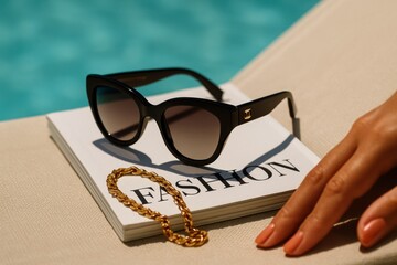 Fashion sunglasses and jewelry on magazine, poolside summer lifestyle, elegant vacation vibe