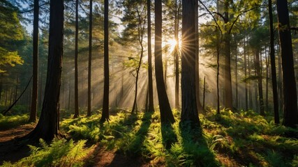 Fototapeta premium Sunlight streams through a tranquil forest.