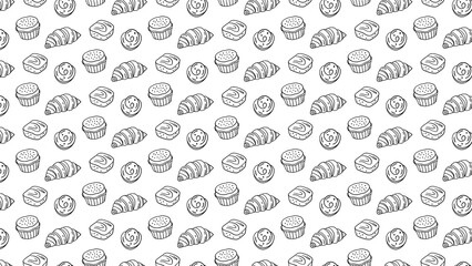Seamless pattern of hand drawn bakery items with croissants muffins and danishes on white background