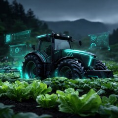 Futuristic tractor in a lush field at night