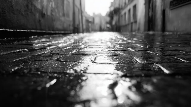 Fototapeta A dynamic commercial-ready capture enchanting monochrome magic: a timeless black-and-white cobblestone lane, bathed in the gentle light of street lamps.