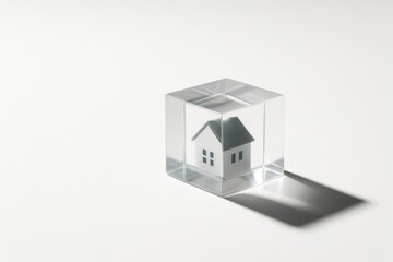 Obraz premium House model in glass cube, minimal safety and insurance concept, property protection