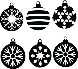 Set of Christmas Ornaments with Snowflake and Star Patterns in Black and White