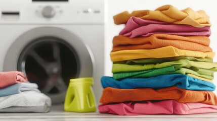 Laundry room with washing machine and neatly folded colorful clothes in a modern household setting