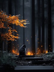 A monkey sits on a stone step in a mystical forest