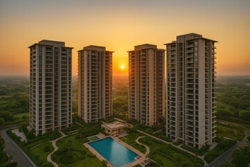 Residential highrise towers at sunset, modern apartment buildings with pool, luxury real estate