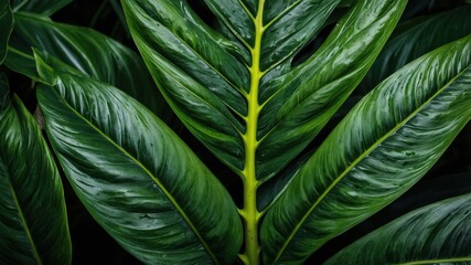 Detailed close-up of vibrant tropical leaves.