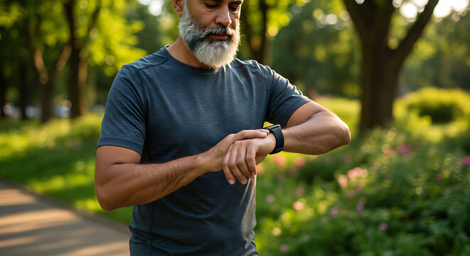 Mature Man Checking Fitness Tracker During Outdoor Workout