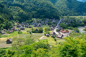 Traditional thatched houses of Shirakawa-go village in rural Japan. Panoramic view