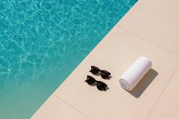 Sunglasses and towel on poolside, minimal summer luxury, bright sunlight and relaxation