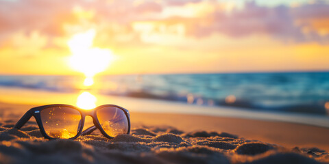 Landscape of a sandy beach with sunglasses illuminated by the orange sun.